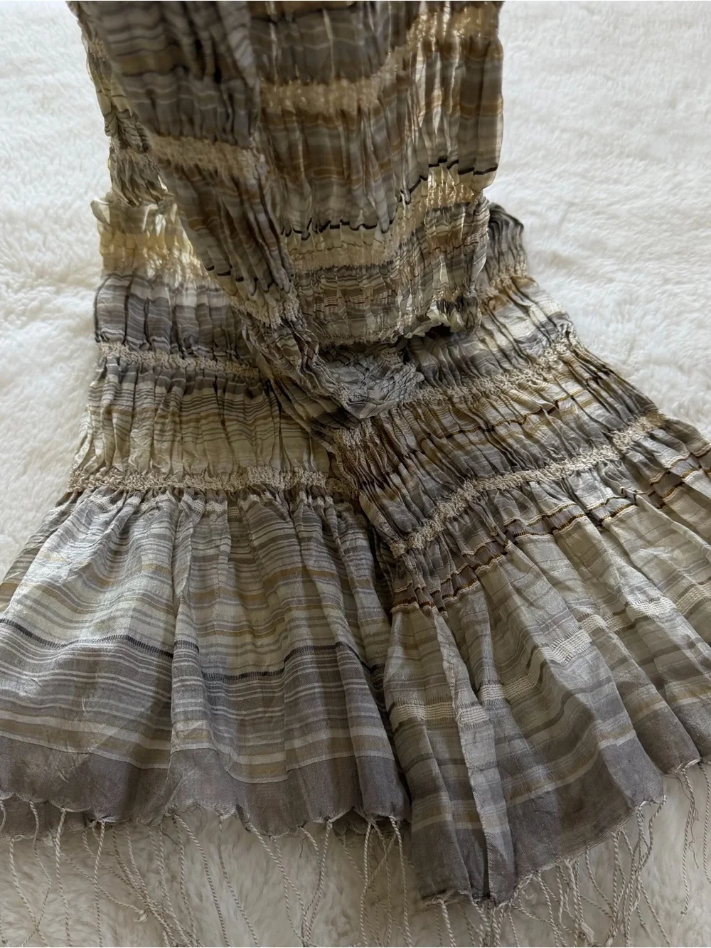 Eileen Fisher 100% Silk Crinkle Scarf Wrap Gray Taupe Stripe Fringe MSRP $179
